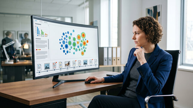 Professional Female Executive in Navy Blazer Analyzing Creative Strategy Diagram and Content Management Performance Metrics on Ultrawide Workspace Desktop Monitor Stock Photo
