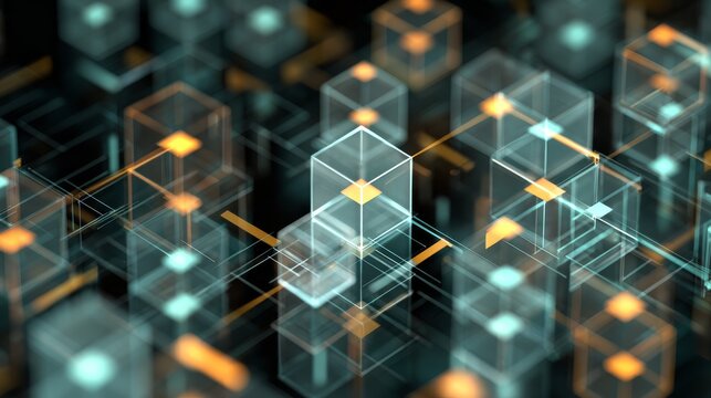 Grid-based vector layout of transparent cubes forming a digital ledger map, with sharp lines and symbolic data transaction arrows