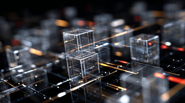 Grid-based vector layout of transparent cubes forming a digital ledger map, with sharp lines and symbolic data transaction arrows