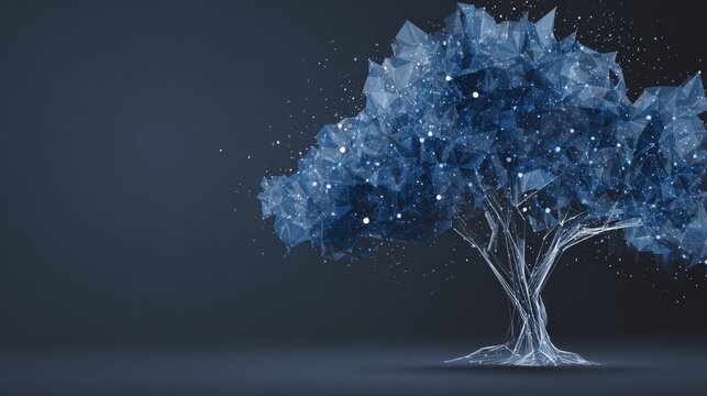Cyber-tree composed of blue geometric shapes and digital points, with lines representing data flow through a decentralized network