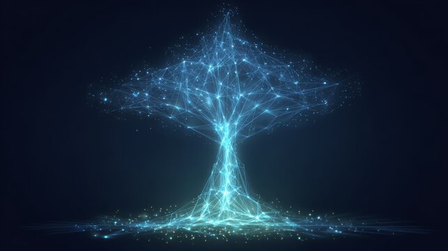 Abstract glowing tree with polygon branches extending upward and outward, made of digital lines and light-blue triangular mesh