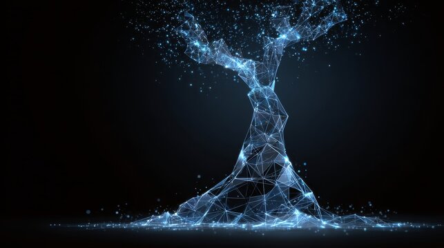 Abstract glowing tree with polygon branches extending upward and outward, made of digital lines and light-blue triangular mesh