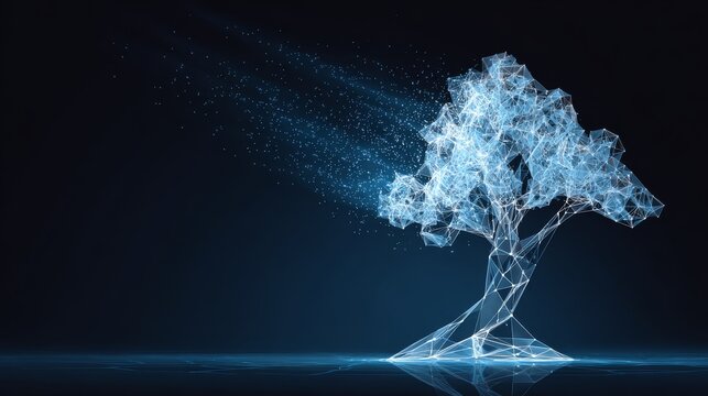 Abstract glowing tree with polygon branches extending upward and outward, made of digital lines and light-blue triangular mesh