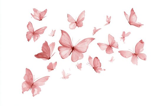 Watercolor pink butterflies flying, collection of decorative insects, isolated on white background