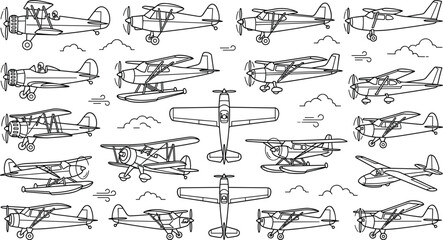 Vintage Propeller Airplane Line Art Icon Set Featuring Biplanes, Seaplanes, Gliders, Light Aircraft, Clouds, and Wind Symbols for Aviation Design Layouts © Morjina