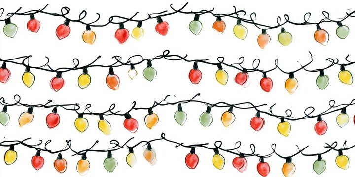 Watercolor christmas lights string seamless pattern isolated on white background
