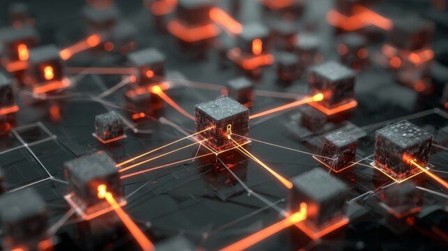 Digital ledger visualization showing interconnected blocks with cryptographic locks, arrows indicating transaction validation across a network grid