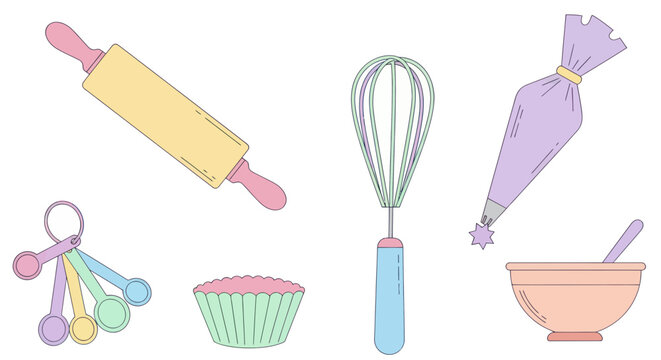 Pastel baking kitchen tools set including whisk and rolling pin