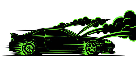 Black sports car silhouette drifting with neon green speed trails © doung