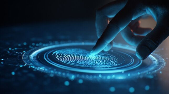 Fingerprint scan interaction with circular UI hologram, activating futuristic user interface with radial motion and neon-blue feedback