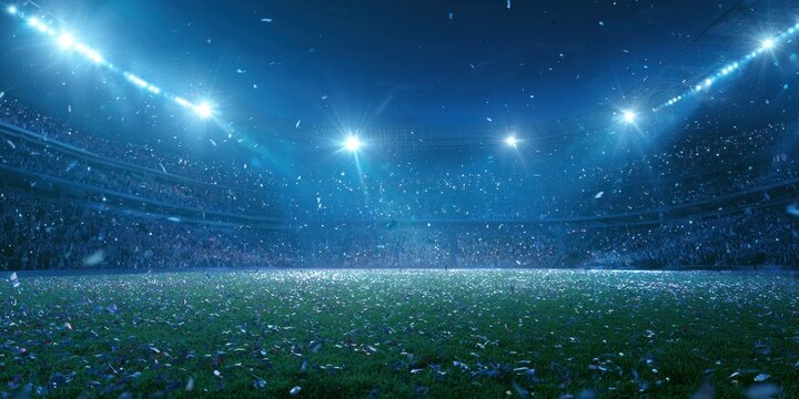 Celebratory stadium background with confetti falling on the pitch at night under bright floodlights, creating an atmosphere of victory and excitement