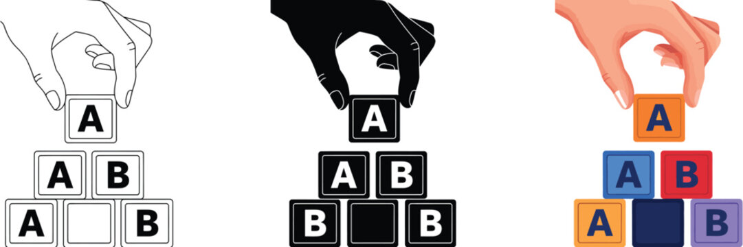 Alphabet Block Icons featuring hand holding ABC letter cubes for early learning, preschool education, kindergarten classrooms, child development, literacy skills, and vector illustration.