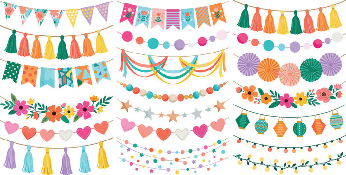 Festive garland and hanging bunting flag vector set with colorful party decorations paper lanterns tassels streamers string lights and floral ornament graphics.