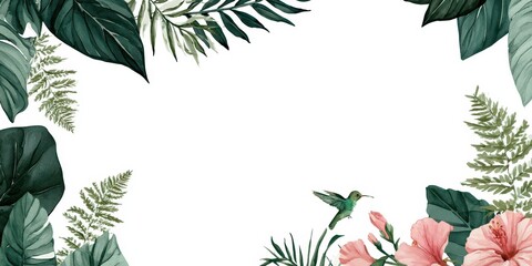 Fototapeta premium Watercolor tropical frame with hibiscus flowers, fern leaves, and a hummingbird isolated on white background