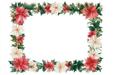 Naklejka premium Watercolor christmas frame with poinsettia flowers and holly leaves isolated on white background