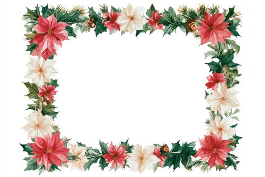 Watercolor christmas frame with poinsettia flowers and holly leaves isolated on white background