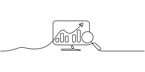 Fototapeta premium Data Analytics Growth Chart with Magnifying Glass Continuous One Line Drawing Vector Illustration