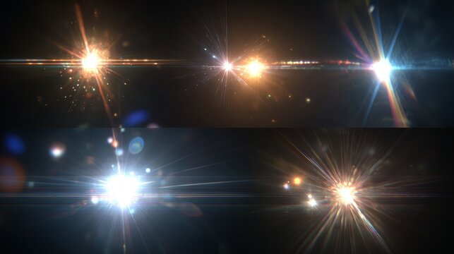 Assortment of camera flash effects with detailed chromatic light dispersion, glowing sparkles, and clean overlay-ready light glints
