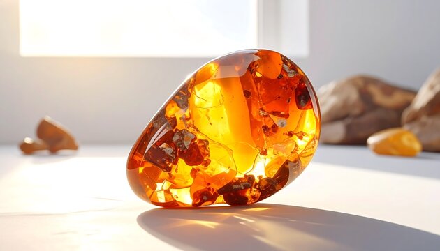 Close-up of a glossy, translucent amber gemstone with intricate internal structures and cracks, placed on a white surface with natural lighting
