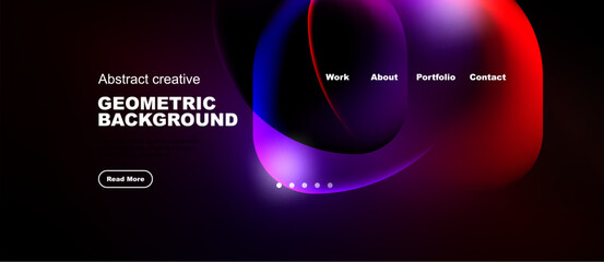 Fototapeta premium Dark background features vibrant abstract shapes, text elements, navigation options. Modern design promotes creativity, geometric patterns.
