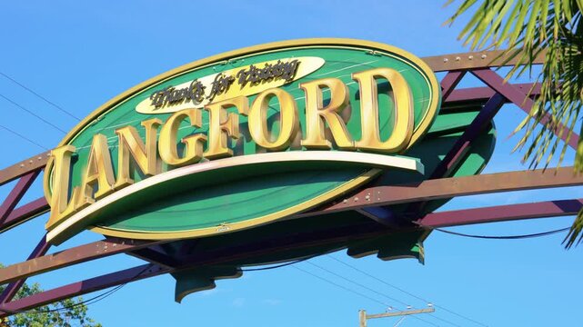 Langford, BC, Canada &ndash; July 1, 2026: Close up of welcoming city arch sign on Goldstream Avenue