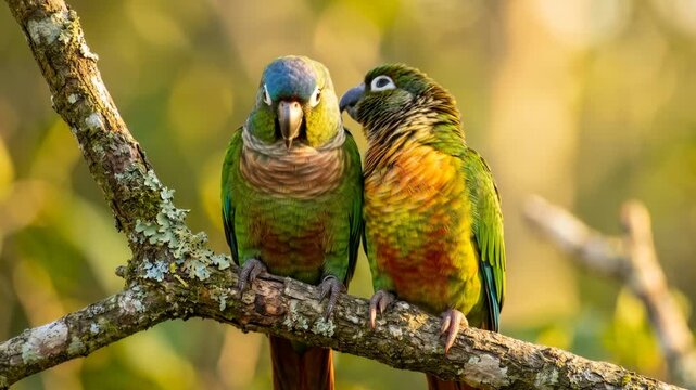 two conure parrots on branch in amazon rainforest brazil golden light close up video