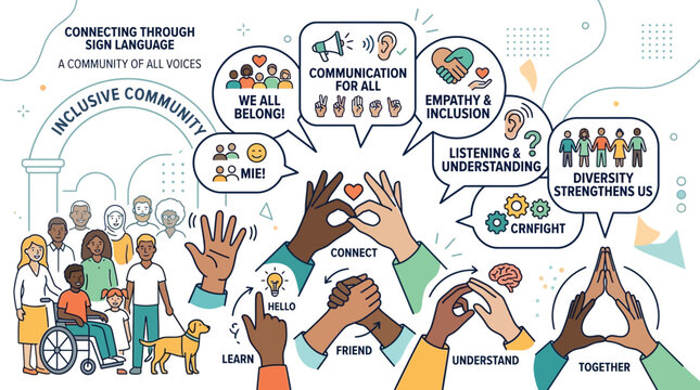 Diverse group of people communicating through sign language promoting inclusivity and community connection with empathy and understanding.