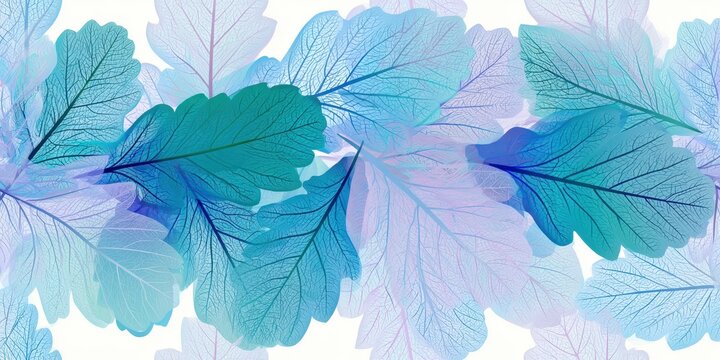 Seamless pattern with blue and purple skeleton oak leaves on white background