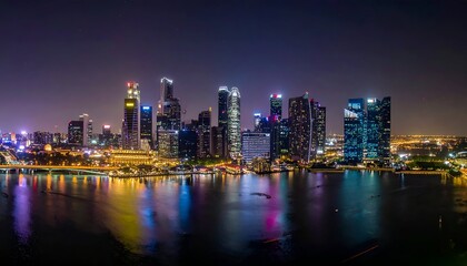 Obraz premium Singapores Dazzling Skyline - A Nighttime Symphony of Lights and Reflections.