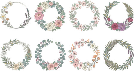 Elegant botanical wreath collection featuring hand drawn garden flowers roses cherry blossoms eucalyptus leaves and rustic circular floral frame vectors. © MST