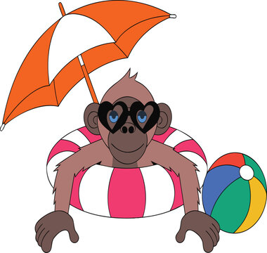Cartoon monkey wearing sunglasses holding colorful beach ball and umbrella