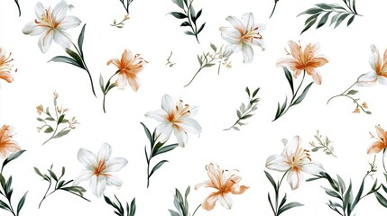 Obraz premium Seamless pattern with white and orange lilies and green leaves, watercolor floral illustration isolated on white background