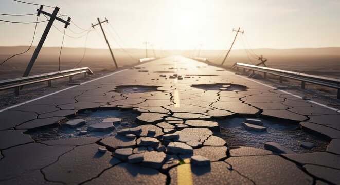 Cracked asphalt road disappearing into a desolate landscape after an earthquake