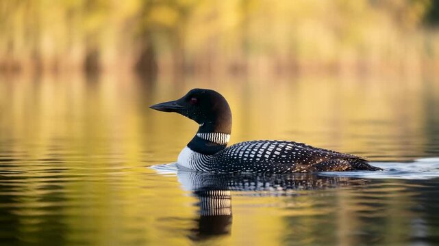 common loon swimming on lake superior usa morning light close up video