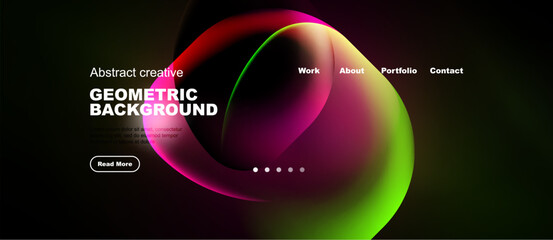 Naklejka premium Dark background features vibrant overlapping circles. Text promotes geometric design, website navigation visible. Minimalist aesthetic.