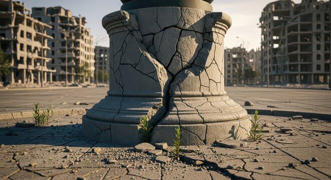 Cracked Stone Statue Base in Ruined Cityscape, Symbolizing Resilience and Decay