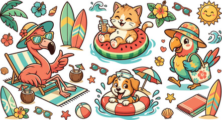 Naklejka premium Cute animals on summer beach vacation vector sticker set featuring cartoon flamingo on deck chair cat on watermelon float dog in inner tube and parrot with beach bag graphics.