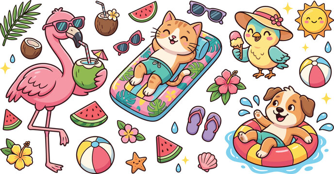 Cute animals on summer beach vacation vector sticker set featuring cartoon cat on pool float dog in inner tube pink flamingo drinking coconut water and bird with ice cream graphics.