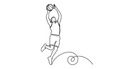 Continuous line drawing of a basketball player performing a slam dunk jump with basketball © Stockline