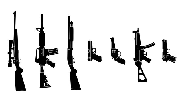 Firearm silhouettes on a white background a collection of weapon shapes