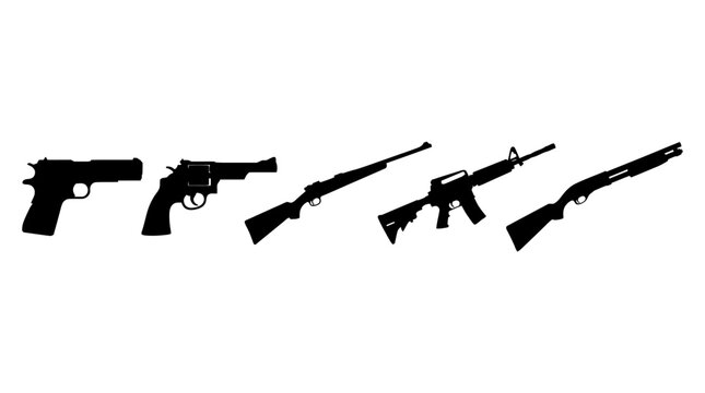 Firearm Silhouettes On White Background Collection Of Weapon Shapes