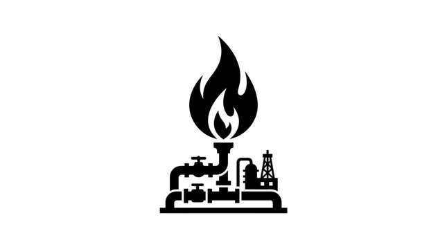 Oil refinery silhouette with flame black on white background