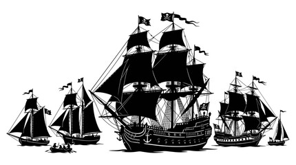 Pirate ships silhouette against a white background nautical illustration © Creator Rima Akter