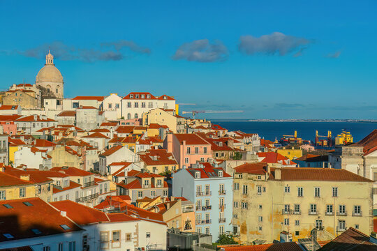 Elevated panoramic view of a historic Lisbon city hillside in Portugal
