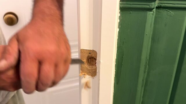 Men's hands repairing a door, door lock Apartment renovation, worker fixing white door, handyman at home, call a professional for repairs. High quality