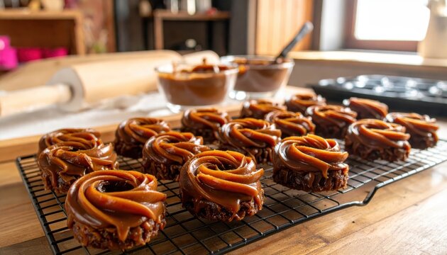 Decadent Chocolate Caramel Swirl Pastries Cooling on a Rack