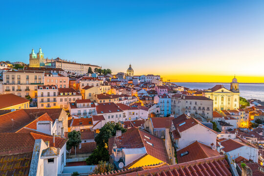 Elevated panoramic view of a historic Lisbon city hillside in Portugal