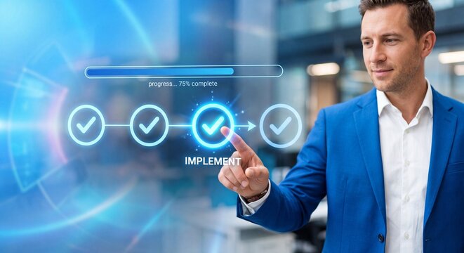 Professional businessman interacting with a digital interface showing a progress bar and checkmark icons to represent successful project implementation