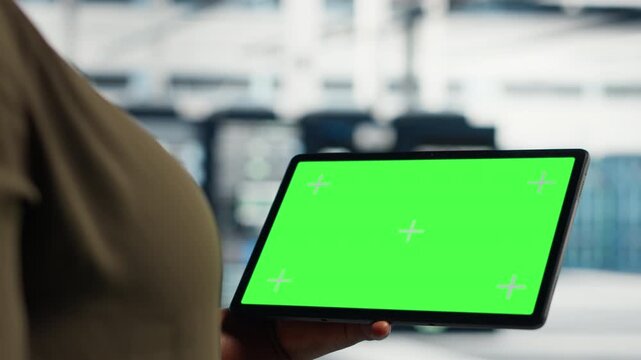 Replaceable-screen tablet supports workload capacity upgrades inside a server room, combining a replaceable display with screen replacement, infrastructure monitoring and technology workflow mockups.