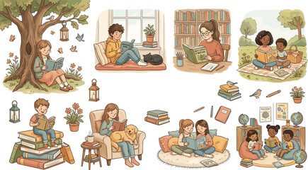 Fototapeta premium Children reading books vector illustration set with kids studying in library sitting under tree cozy bedroom nook and outdoor picnic park graphics.